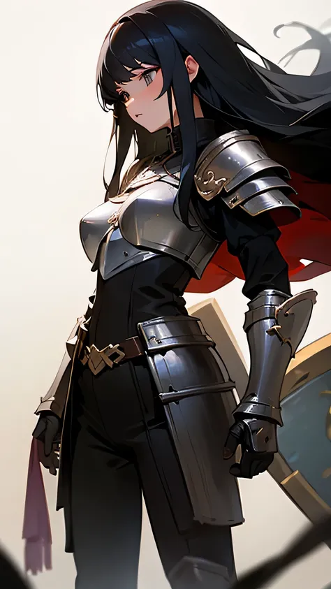 adult girl with long black hair and armor