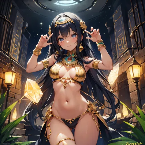 ((Masterpiece)), ((best quality)), Very pretty Egyptian girl, smiling, cute, cute pose, glowing crystals, light particles, Egyptian fortune tellers house, dark skin, worried girl, cute world, really happy, ancient ruined overgrown,