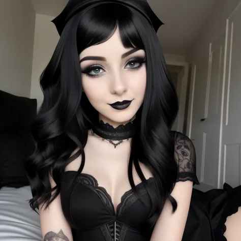 a girl with a little smile, she has black middle hair, portait, high detailed skin, high detailed hair, super realistic,  22 - year - old goth girl, goth girl aesthetic, lying on bed, view from upside,  darkwave goth aesthetic, dark aesthetic, goth aesthet...