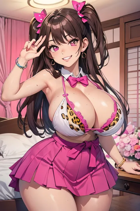 big lips, brown hair, pink eyes, japanese face, gyaru, two side up, huge breasts, wide hips, sexy, pink theme, kawaii, detailed,...