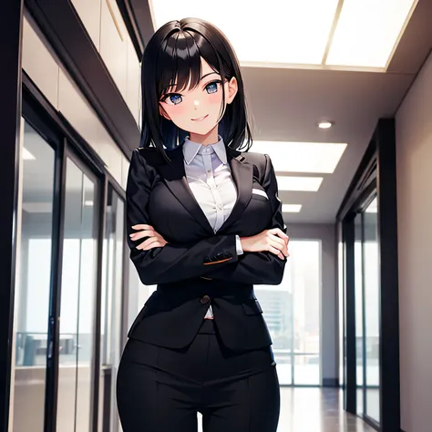 Business Girl, standing pose, smile, cute, Big eyes, black hair, fold your arms