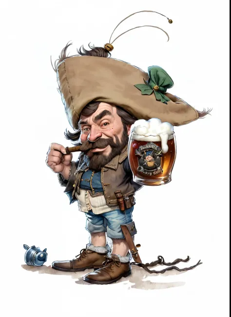 (absurdres, best quality, highly detailed:1.2), a cute plushie of a dwarf by Jean-Baptiste Monge with a smoked pipe in his mouth and a cocked hat, mug of beer in hand, in the style of Shawn Coss, cute doodle