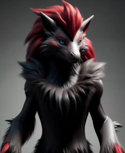 (realistic, photorealistic:1.37), masterpiece, zoroark (pokemon), looking at viewer, sharp blue eyes, full body portrait