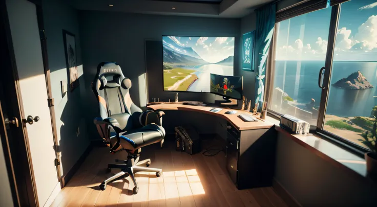 "((obra de arte)), melhor qualidade, detalhes ultra-realistas, a large gamer room with recording studio and glass windows that provide an incredible view a beautiful gamer chair, high level of sharpness, cinematic angle, luz natural difusa, modern and eleg...