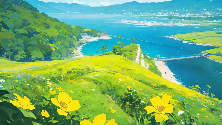 illustration of a beach with flowers and a cliff in the background, beautiful wallpaper,  YELLOW flowers sea everywhere 10 am