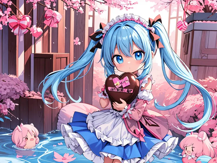 anime girl holding big chocolate with valentine&#39;s day ribbon, light blue long hair、twin tails、holding chocolate in hand、anim...