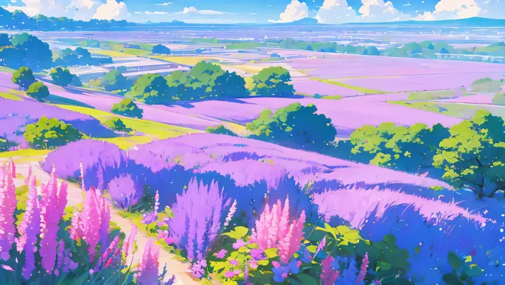 illustration of a beach with flowers and a cliff in the background, beautiful wallpaper, sky and clouds purple flowers sea everywhere city 10 am