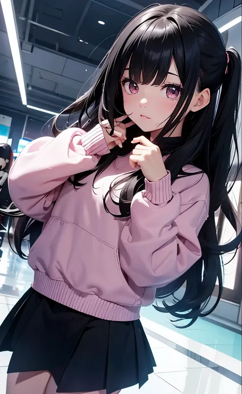 (8k, best quality, masterpiece),girl，Bangs，long black hair，wavy_hairs，Black Sweater，skirt，pink eyes，sigh，cry，cute， blue light，future world，chibi, chibi style, Cute Cute Girl 