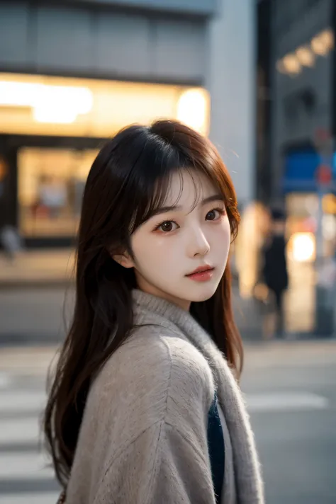 Korean girl looking at viewer on the street,soft light effects