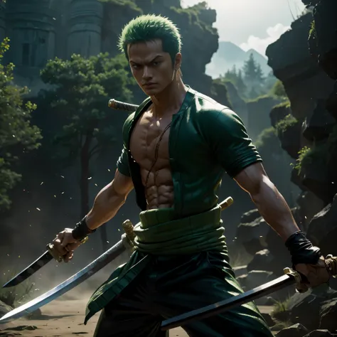 hyperrealistic still of zoro from one piece, wielding his three-sword style in a thrilling real-life action scene. (best quality...