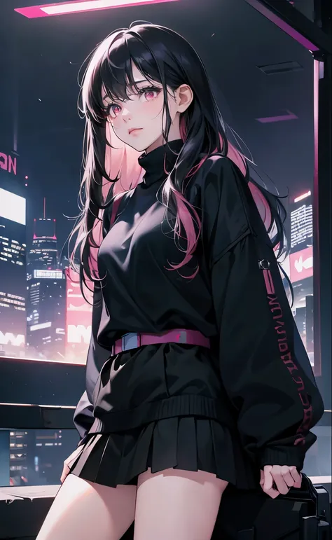 (8k, best quality, masterpiece),girl，Bangs，long black hair，wavy_hairs，Black Sweater，skirt，pink eyes，sigh，cry，cute，
blue light，future world，cyberpunk，