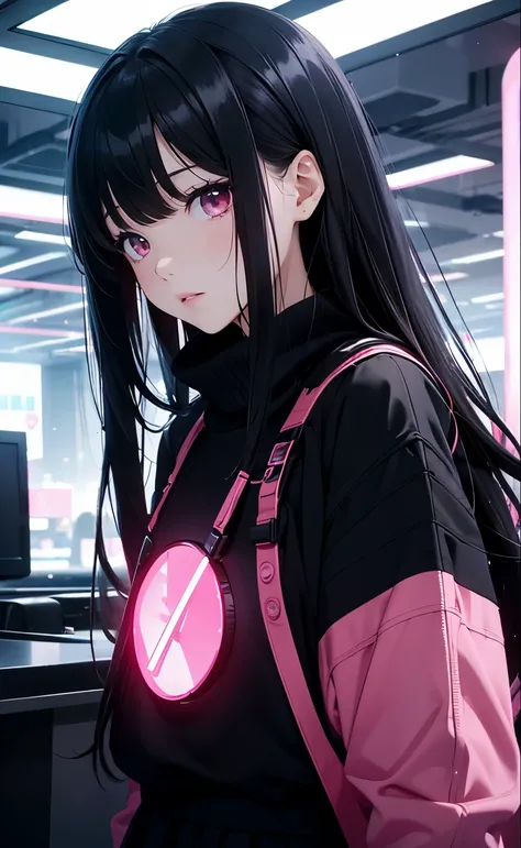 (8k, best quality, masterpiece),girl，Bangs，long black hair，wavy_hairs，Black Sweater，skirt，pink eyes，sigh，cry，cute，
blue light，future world，cyberpunk，