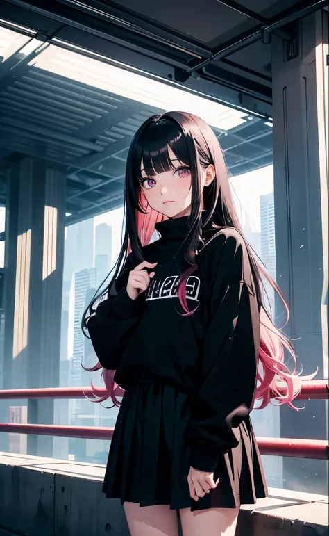 (8k, best quality, masterpiece),18 year old girl，Bangs，long black hair，wavy_hairs，Black Sweater，skirt，pink eyes，sigh，cry，
future world，cyberpunk，