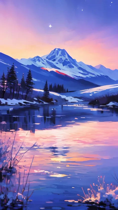 large snowy mountain, lake at the base of the mountain, beautiful purple and blue night sky