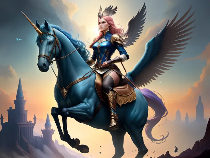 there is a woman riding a horse with a bird flying above, fantasia arte behance, woman riding a flying unicorn, garota anjo cavaleiro, artgerm julie bell beeple, arte de fantasia detalhada, epic fantasy digital art style, epic fantasy art style hd, arte de...