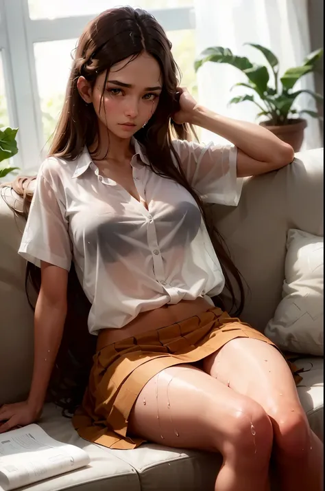 generate a lady wearing with long brown hair white shirt and skirt sit on sofa inside house soaked wet shirt and hair, ((sneeze)), masterpiece, best quality:1.2),(8k,highres,RAW photo,realistic,photo-realistic:1.3),(detailed skin texture,detailed cloth tex...