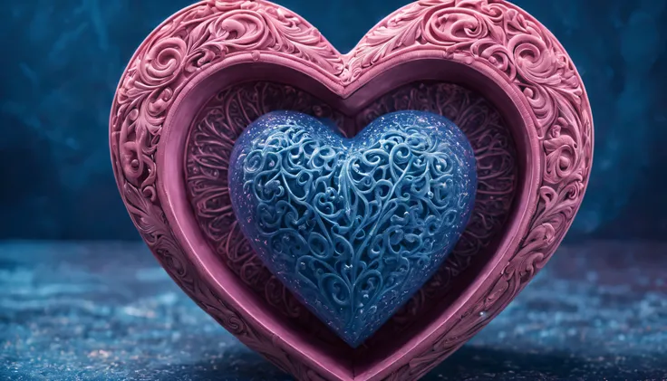 raw photo,beautiful symmetrical pink heart on a clean blue background (((lies in a carved magical "cutie"))),and magic sparks fly around the cutie,rubber pink heart on blue background. High image detail,Clear Focus, High Quality 8K,high contrast,