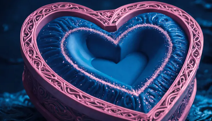 raw photo,beautiful symmetrical pink heart on a clean blue background (((lies in a carved magical "cutie"))),and magic sparks fly around the cutie,rubber pink heart on blue background. High image detail,Clear Focus, High Quality 8K,high contrast,