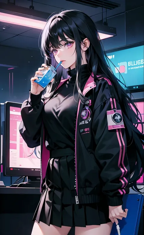 (8k, best quality, masterpiece),girl，Bangs，long black hair，wavy_hairs，Black Sweater，skirt，pink eyes，Drink a syringe of blue syrup，
blue light，future world，cyberpunk，