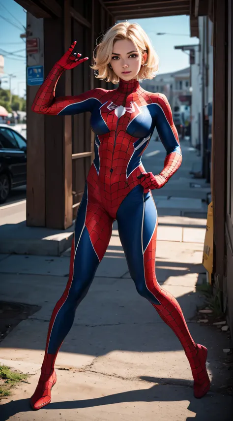 menina de 16 anos, Homem-Aranha branco (peitos pequenos) maravilha, Cabelo cacheado curto, cabelo loiro, Rosto bonito, Anatomia perfeita,abdomen, fundo inferno no caos, Lente de 35 mm, fotografia, ultra detalhes, HDR, Ultra HD,8k, action pose, corpo todo.