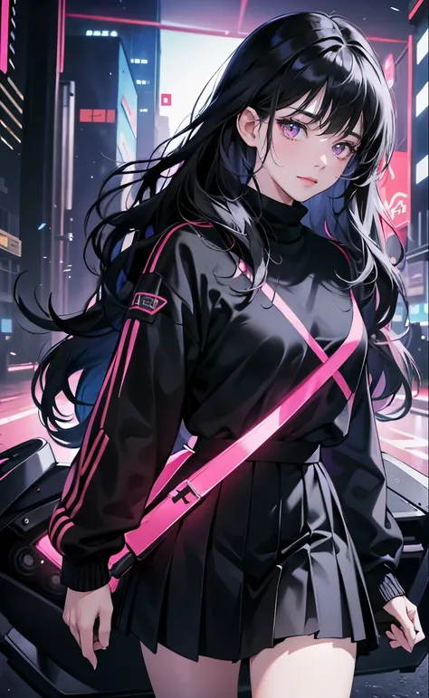 (8k, best quality, masterpiece),girl，Bangs，long black hair，wavy_hairs，Black Sweater，skirt，pink eyes，happy，surprise，
blue light，future world，cyberpunk，