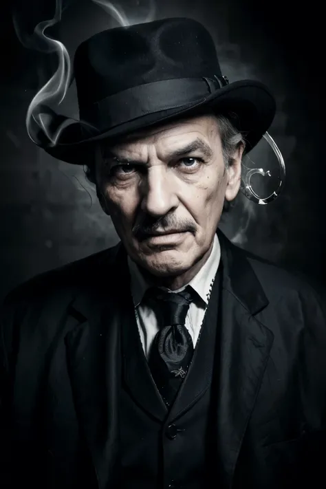 (old man with a Vincent Price style, cynical smile, black and white image, portrait:1.1), classic film noir, wrinkles, detailed eyes, dark shadows, expressive face, smoking pipe, classic bowler hat, tailored suit, dramatic lighting, intense gaze, sinister ...