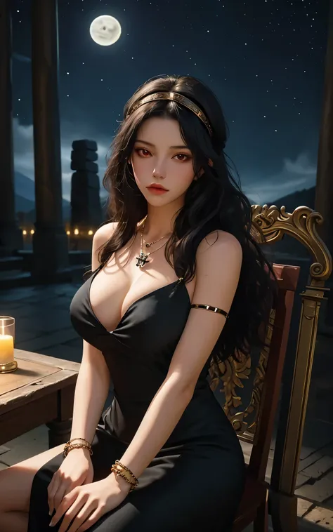 1 girl, solo, details, masterpiece, best quality, photorealistic realism, beautiful girl, long hair, black hair, skull headband, red eyes, beautiful face, skull necklace, perfect body, large breast, open chest, black long dress, skull bracelet, hold the in...