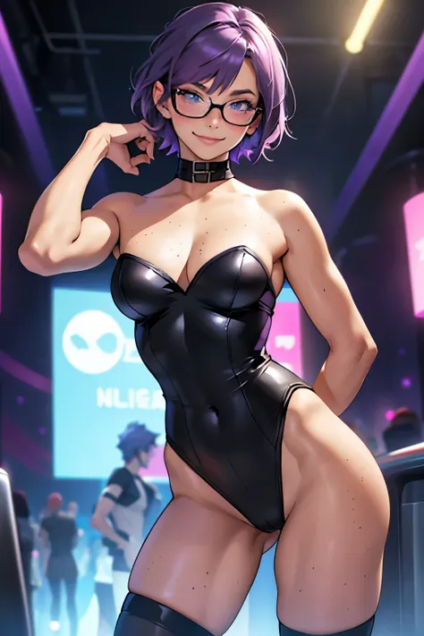 beautiful teenage girl, medium breasts, cleavage, very thin body, very short hair, purple hair, blue eyes, freckles, seductive, happy, smiling, blushing, black strapless high-waist leotard, high heels, thigh high socks, thin frame eyeglasses, crowded night...