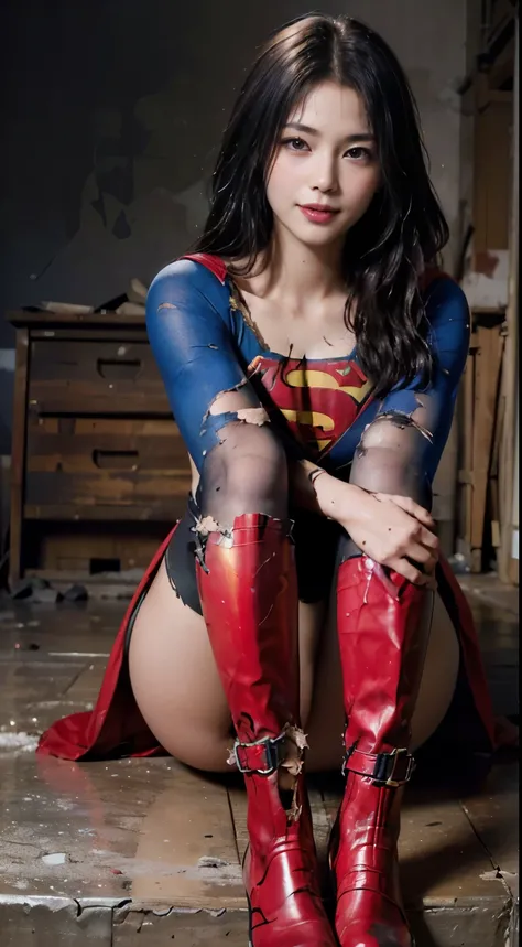 no background、(((Wear black tights on your beautiful legs.torn、Tattered、being destroyed)))、(((stretch your legs、tall、Legally express the beauty of your smile)))、((((Get the most out of your original images)))、(((supergirl costume、torn、Tattered、being destro...