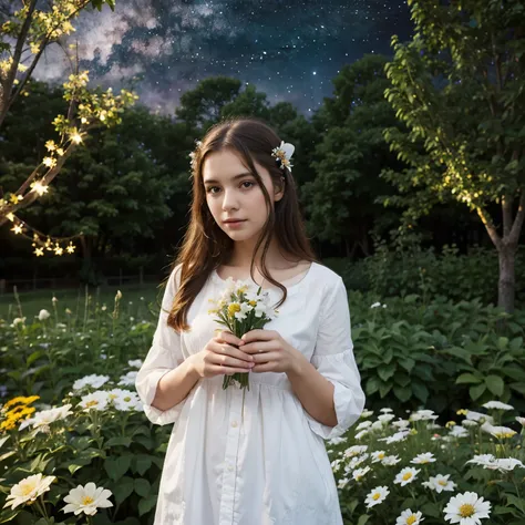 top quality, high_resolution, distinct_image, detailed background, girl, flower, garden, starry sky,