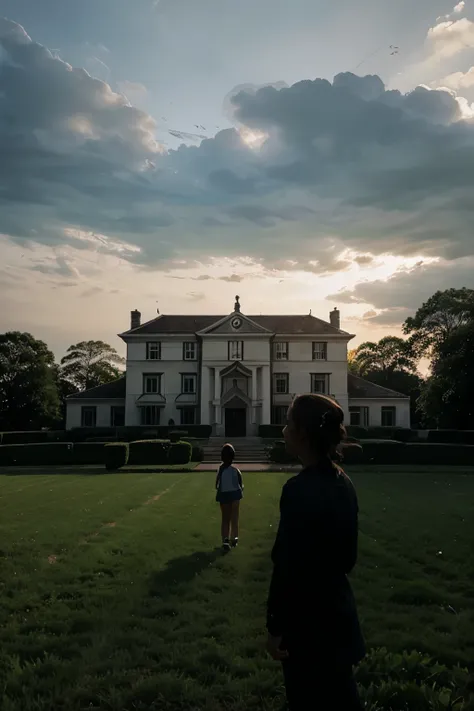 A large mansion on a shaded farm. clouded skies, Small silhouettes of young people watching the mansion from the front.