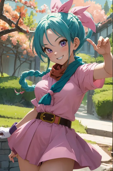 masterpiece, best quality, highres, dragon ball, blmpony, aqua hair, hair ribbon, braided ponytail, pink shirt, belt, scarf, pink skirt, clothes writing, brown gloves, medium breasts, outdoors, cowboy shot, waving, smile