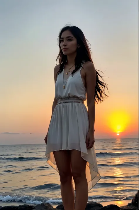 Gorgeous face framed by sunset: A full body bathed in the warm glow of the setting sun, the influencers features are highlighted against the evening sky. She wears a subtle, elegant necklace that complements her natural beauty.