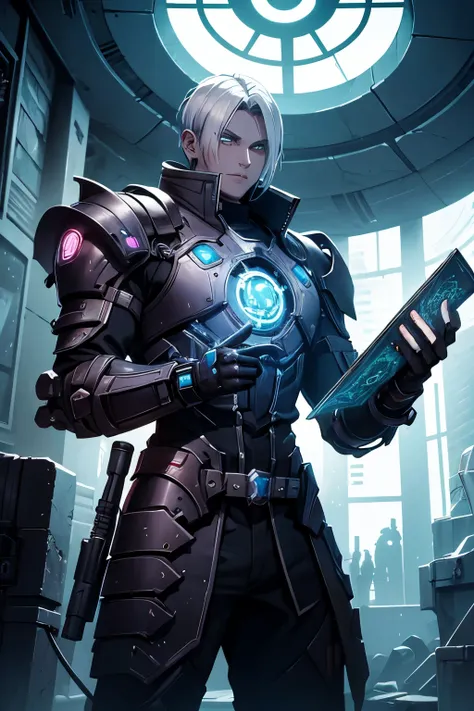 male necromancer scifi in power armour,cybernetic left arm,holding a spellbook,old cyberpunk crypt backround,