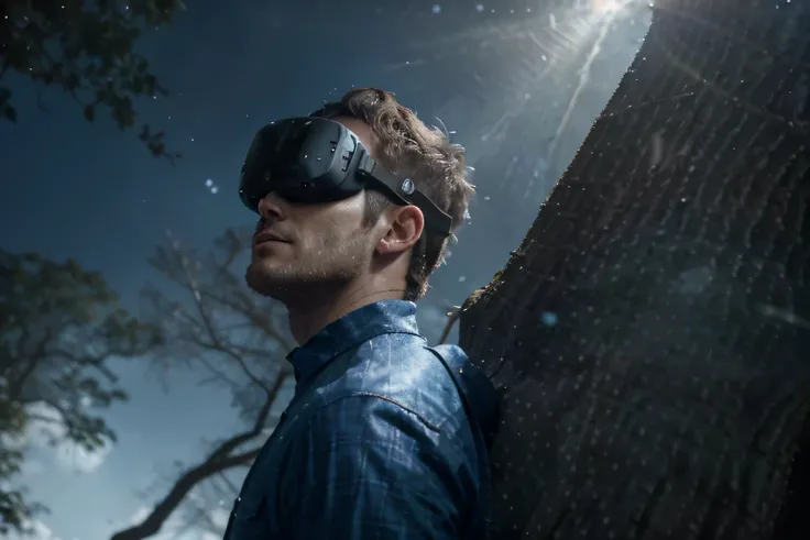 Vue laterale d&#39;un homme portant un casque Meta Quest VR levant la main tendue pour toucher un arbre.. Effet ondes sonores bleues tout autour. Hyper realistic and very bright photo effect. studio lighting.
