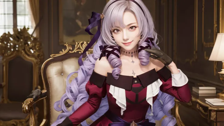 highest quality, 8K, Super detailed, photorealistic, Hyakumantenbara Salome, (1 girl:1.3), gloves, long sleeve, Alternative Breast Sizes, purple hair, purple eyes, chest tattoo, scorpion tattoo on chest, red dress, choker, ribbon, smile, black gloves, dril...