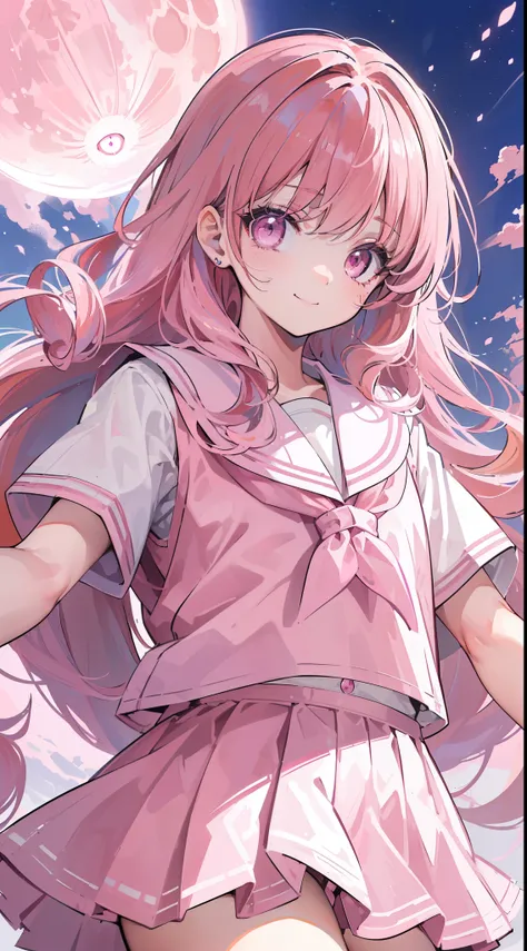 (16k), 8K, highest quality, super detailed, High resolution, from the front, (Cute child), (beautiful eyes), (Full moon background), (((face forcom front), (long hair), (pink hair), (pink eyes), (((Pink school uniform))), smile, Happy, 