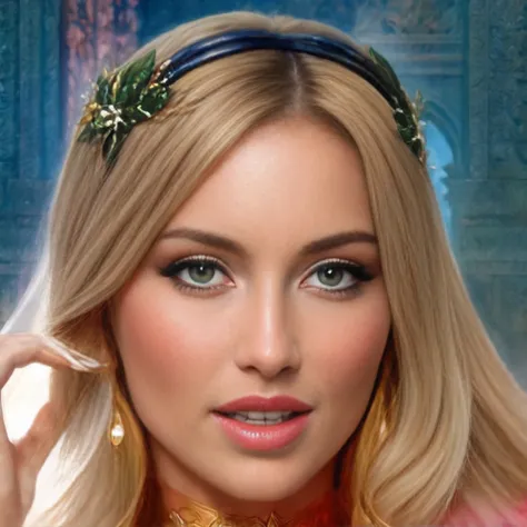 Mujer rubia con una diadema dorada y joyas verdes., retrato de una reina elfa, blonde elvish empress, Retrato de primer plano de la diosa, digital fantasy portrait, fantasy art portrait, fantasy portrait, fantasy concept art portrait, detailed matte fantas...