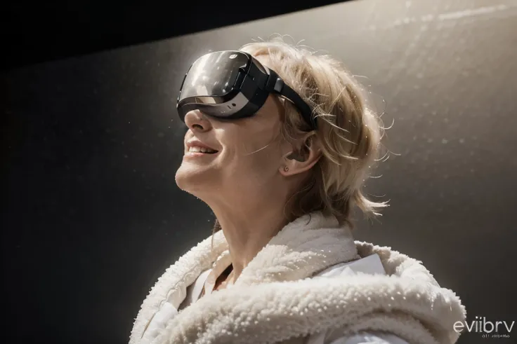 Side view of 60 year old woman smiling and wearing white VR headset. She looks up and amazed her. Vibrating sound waves all around his head. Hyper realistic and very bright photo effect. studio lighting.

