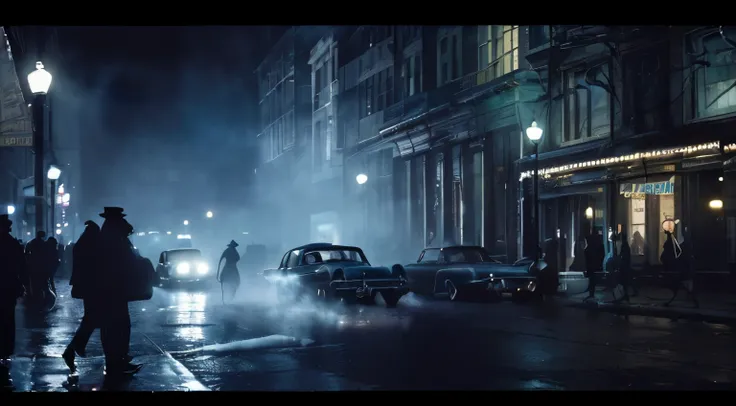 "A wide cinematic street scene at night capturing a vintage noir atmosphere. The setting is an old city street with classic architecture and a row of buildings with lit marquees and street lamps casting a glow on the wet pavement. There is a dense, moody f...