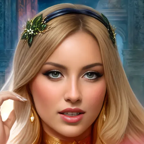 Mujer rubia con una diadema dorada y joyas verdes., retrato de una reina elfa, blonde elvish empress, Retrato de primer plano de la diosa, digital fantasy portrait, fantasy art portrait, fantasy portrait, fantasy concept art portrait, detailed matte fantas...