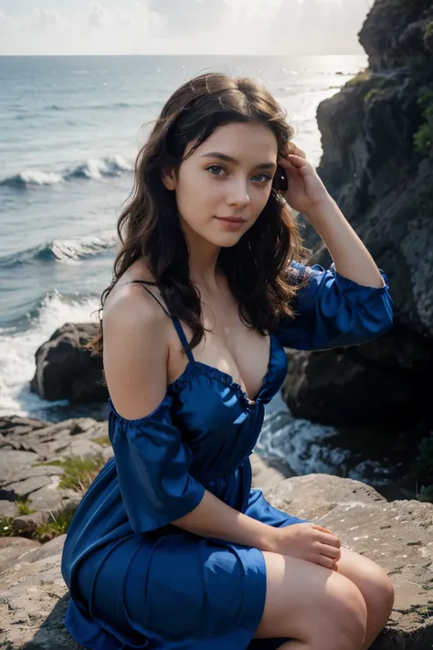 A very beautiful girl with curly dark hair and very large eyes, in a blue silk dress, holds a face cream in her hands, looks at it and smiles slightly. She sits on a rock by the ocean. Early morning, the rising Sun plays with rays in the girl’s hair. Cinem...