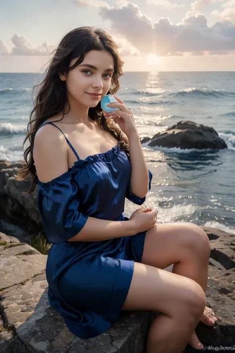 A very beautiful girl with curly dark hair and very large eyes, in a blue silk dress, holds a face cream in her hands, looks at it and smiles slightly. She sits on a rock by the ocean. Early morning, the rising Sun plays with rays in the girl’s hair. Cinem...