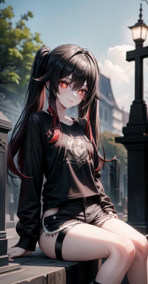 1 girl, hu tao gothic, malicious smile, black eyes, black make-up, black hair, pale skin, slim body, black letterman jacket, bla...