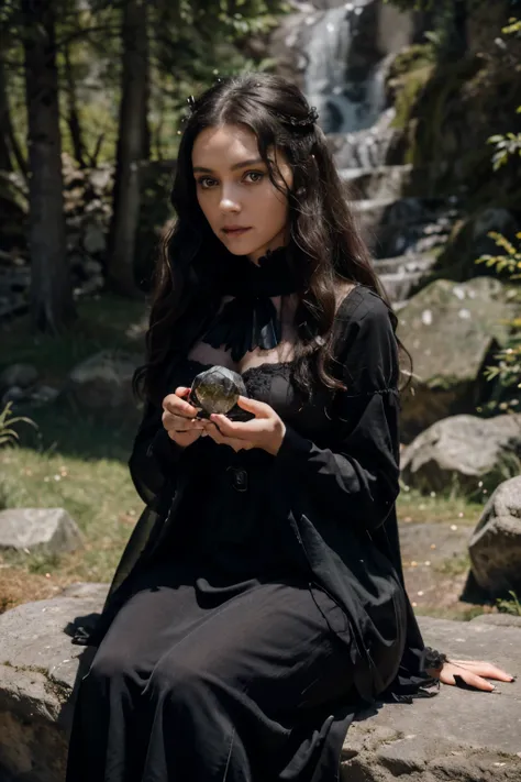 A very beautiful girl, a witch, with curly dark hair and very large eyes, in a black Gothic dress, holding a crystal in her hands, looking at it and slightly. She sits on a stone in the mountains. Day, the Sun plays with rays in the girl’s hair. Cinematic ...