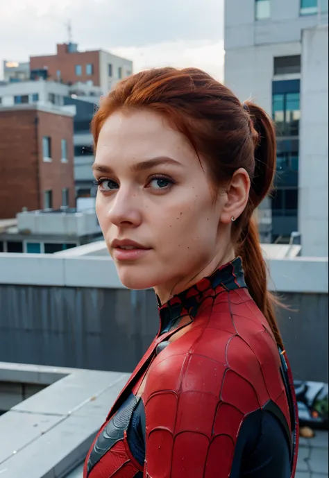 Beautiful redhead, blue eyes, Ponytail, Beautiful, on rooftop, serious expression, sexy, pretty, spider-man costume, strong, thin nose, soft chin, big breast.