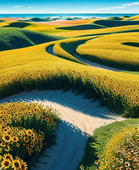 flying over the meadow with some sunflower fields where at the end you can see dunes and ocean, hyper realistic, very detailed,  incident sunlight, blue sky, illustration, beautiful landscape, sharp focus, digital art, abstract art, mdjrny-v4 style, dunes,...