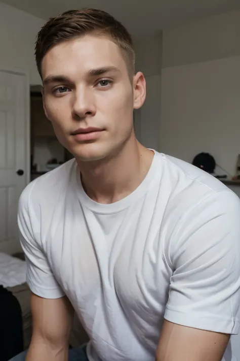 handsome 26 year old male, cillian murphy (dark blonde short buzzcut haircut, visible jawline) selfie from hand in bedroom, wearing white t-shirt