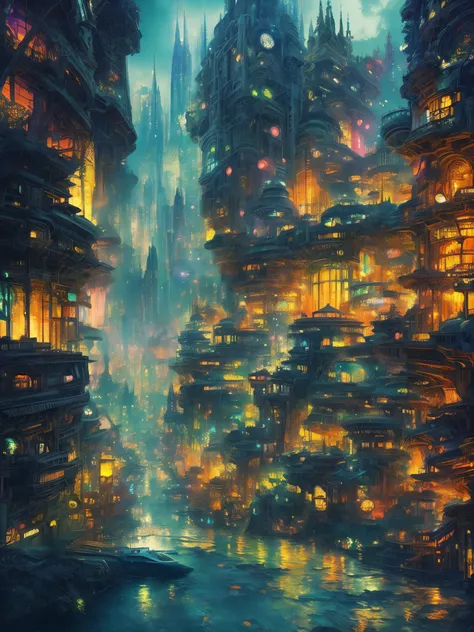 high quality, highly detailed, Picture an imaginative illustration inspired by the fusion of Gustav Doré, Yuko Higuchi, and Syd Mead, theme revolve around a fantastical cityscape where mythical creatures coexist with futuristic elements, creating a harmoni...