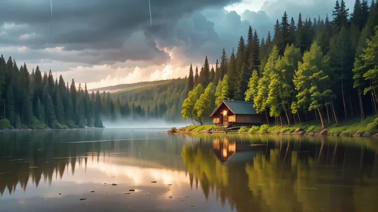 storm in the forest, a cabin with lit windows, a small lake in front of the cabin, and vegetation wet from the rain, the leaves of the trees swaying from the rain, cloudy sky